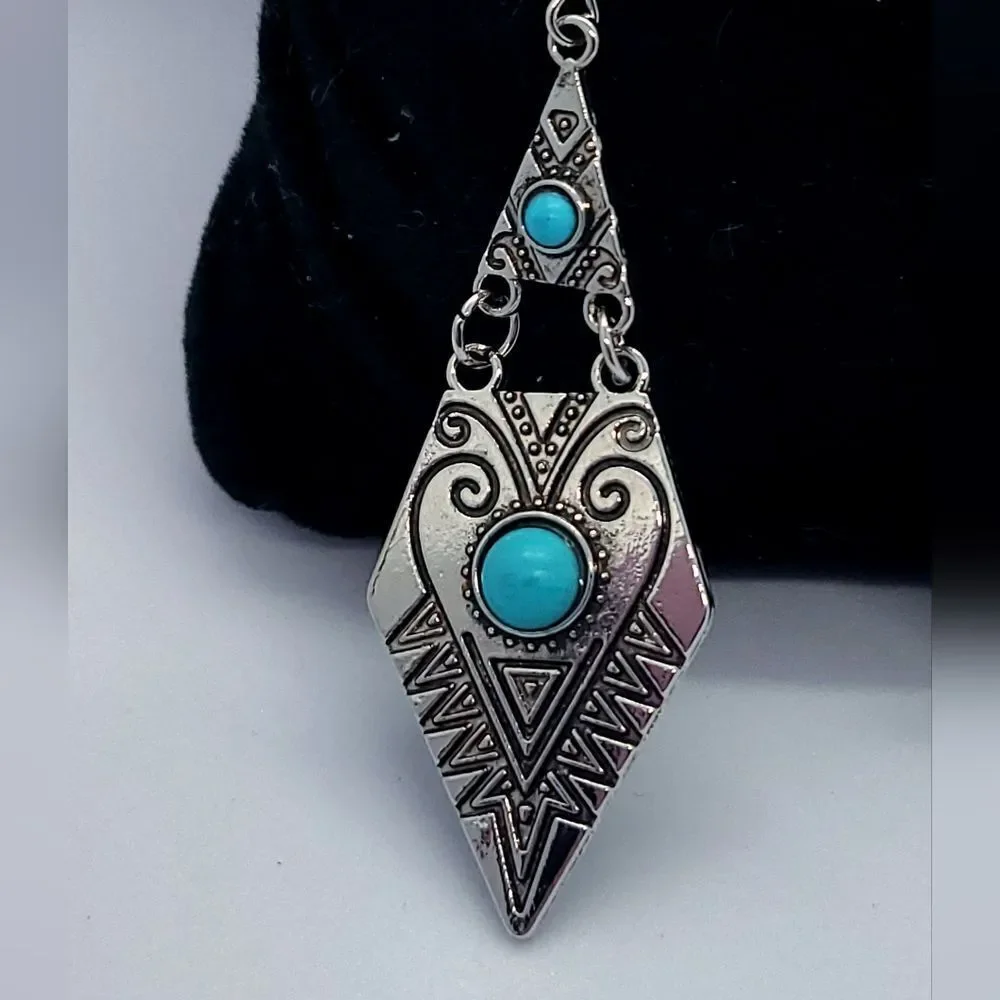 Turquoise Dangle Earrings Western Boho Tribal Silver Statement Drop Festival